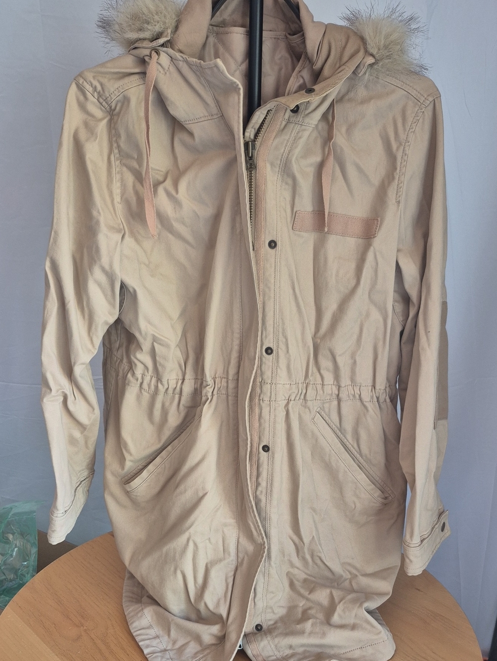 GAP Light Beige Hooded Trench Coat with Faux Fur Trim